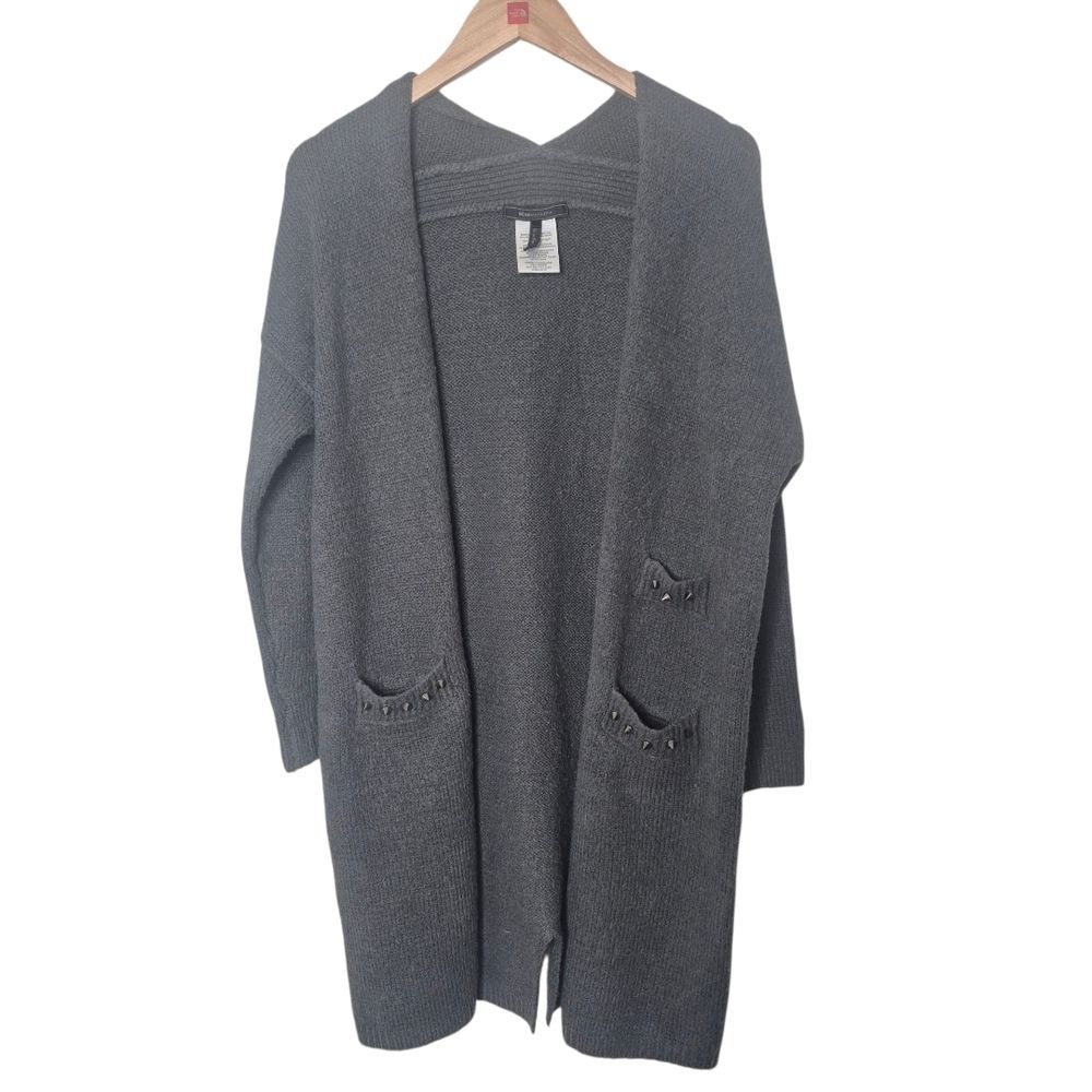 BCBGMaxAzria Dark Gray Open Cardigan Sweater Stud Details Pockets Size XS